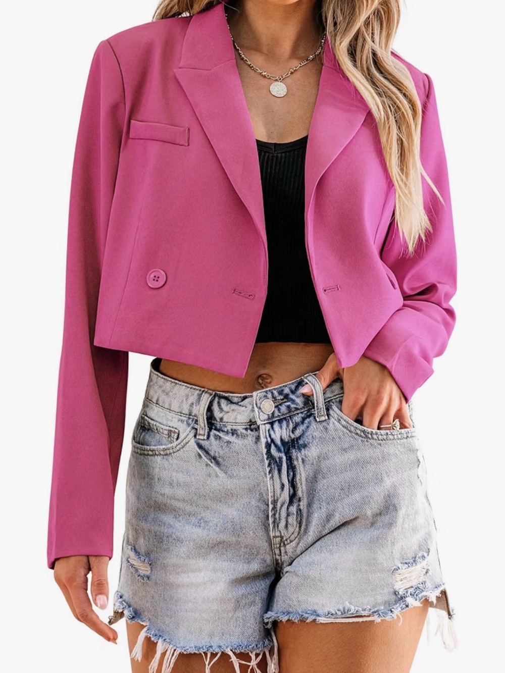 Cropped Blazer Jacket in Fuchsia Pink